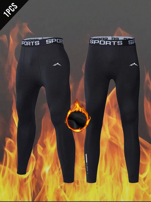 Manfinity Sport Corelite 男友风男士字母印花极简运动紧身裤，适合日常休闲穿着，饰有简约山景印花，适合运动、健身、瑜伽，内衬保暖抓绒，冬季保暖打底裤两件套，高弹力腰部压缩打底裤，纯色针织面料，适合休闲和正式场合，秋冬季保暖裤