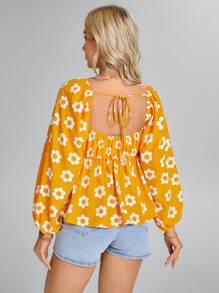 SHEIN LUNE Women's Floral Print Lantern Sleeve Square Neck Casual Blouse