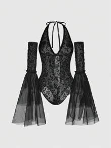 ROMWE Goth Gothic Valentine's Day Black Lace Wrap-Around Sleeves Halter See-Through Bodysuit For Women, Spring/Summer