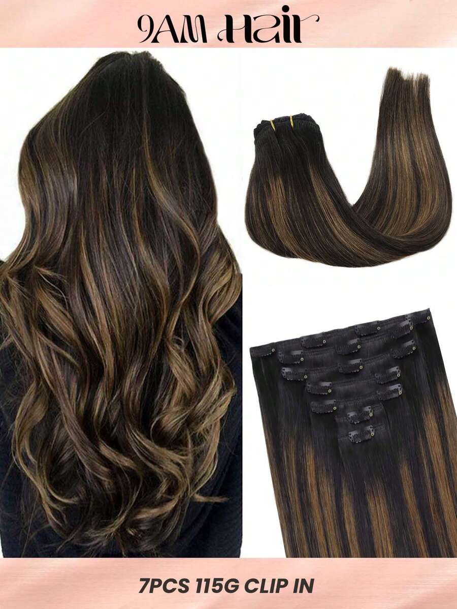 7PCS Straight Clip In Hair Extensions 100% Real Human Hair 14-24 Inch 115G Double Weft Invisible Clip Hair Extensions Remy Natural Human Hair For Women Girls Daily Use - S1B/6/1B - View 1