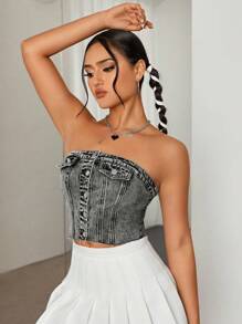 SHEIN ICON Casual Distressed Open-Front Denim Cropped Top - Light Grey - View 3