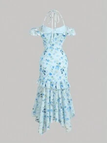 SHEIN MOD Vestido largo de punto con flores en azul para el verano, vestidos azules para mujer, vestido de graduación