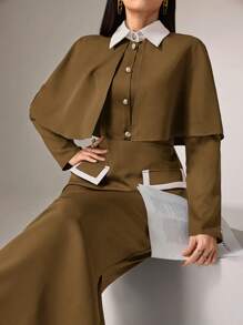 Heiryn 女士两件套棕色裙装套装，含斗篷西装外套和中长铅笔裙，适合办公室穿着 - 駝色 - 查看 7