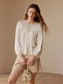 MOTF CONTRAST LACE LANTERN SLEEVE BLOUSE,SPRING/SUMMER
