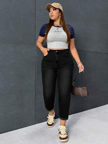 SHEIN ICON 大碼休閒修身錐形牛仔褲，洗水色 - 黑色 - 查看 5