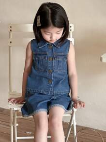 Dazy Kids 小女孩无袖上衣和裤子牛仔套装，女孩夏季服装 - 藍色 - 查看 2