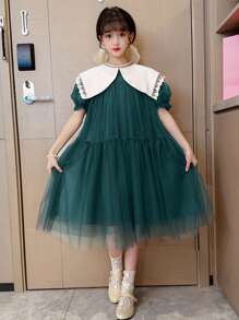 Toddler & Big Tween Girl Girls' Fashionable Puff Sleeve Collar Dress - Green - View 1