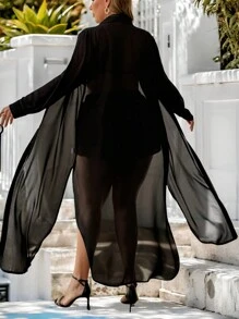 SHEIN Unity Conjunto Casual de 2 Peças Plus Size Feminino, Camisa Longa de Chiffon de Alta Densidade Combinada com Shorts Soltos, Conjunto de Primavera e Verão - Preto - Visão 2
