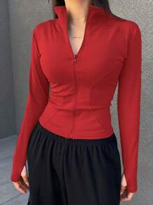 DAZY Women Fashionable And Simple Stand Collar Waist-Cinched Slim Fit Jacket - Red - View 5