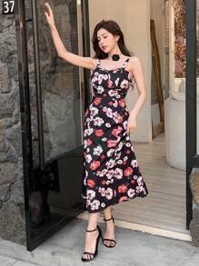 DAZY Women All-Over Floral Print Spaghetti Strap Waist Midi Dress Sundress Boho - Black - View 3