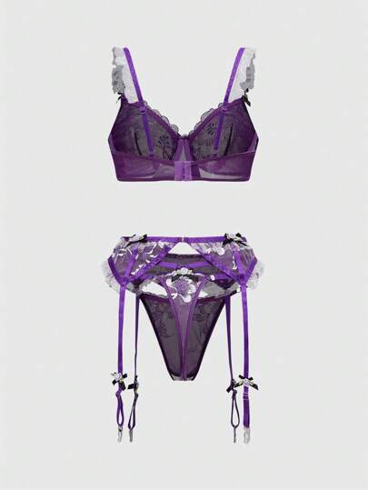 Fairycore 3Pcs Romantic Floral Embroidery Bowknot Bralette Set, Fashion Vacation Underwear With Wire