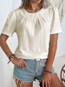 SHEIN LUNE 女士纯色短袖衬衫，简约时尚休闲日常穿着 - 杏色 - 查看 4