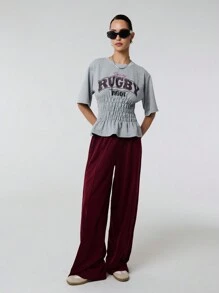 TypaGal Solid Color Wide Leg Sweat Joggers With Contrast Piping - Burgundy - View 4