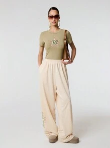 SHEIN Unity New York Logo Print Solid Wide Leg Casual Sweatpants With Pocket Fall Cloth For Women - Beige - View 6