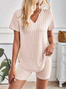 SHEIN LUNE Women's Casual Solid Notch Neck Short Sleeve & Shorts 2 Pieces Set - Apricot - View 1