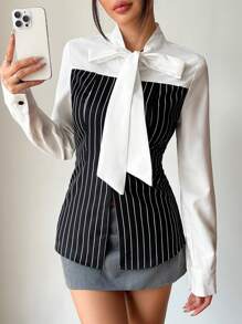 SHEIN Unity 全新 拼接单排扣长袖蝴蝶结领优雅女士办公衬衫 - 黑與白 - 查看 1