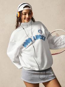 VARSITIE 长袖健身上衣 白色立领长袖宽松休闲字母印花拉链羊毛连帽衫 - 白色 - 查看 4