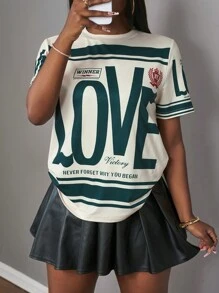 Slaydiva Áo thun họa tiết thời trang đường phố dành cho nữ mùa xuân và mùa hè mới thường ngày đường phố màu mơ sọc xanh lá cây in khẩu hiệu chữ tình yêu áo phông nữ - Màu be - Xem 6