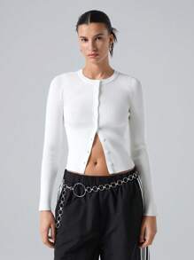 LYSMO Women Crew Neck Long Sleeve Button Casual Plain Simple Style Sweater,Long Sleeve Tops