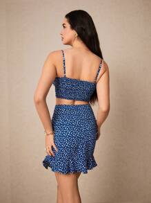 Poéselle Ditsy Floral Knot Front Crop Cami Top & Drawstring Ruffle Hem Skirt - Blue - View 6