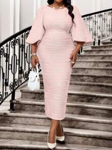 SHEIN Lady 春夏优雅通勤办公室粉色针织纹理圆领铅笔喇叭袖中长袖大码连衣裙优雅女装高档服装夏季女士夏装夏季连衣裙夏装女士春装大码女装 - 粉色 - 查看 1