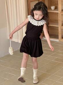 DAZY 2pcs/Set Young Girl Simple & Chic Casual Daily Sleeveless Top And Skirt Set,Girls Summer Outfits - Black - View 2