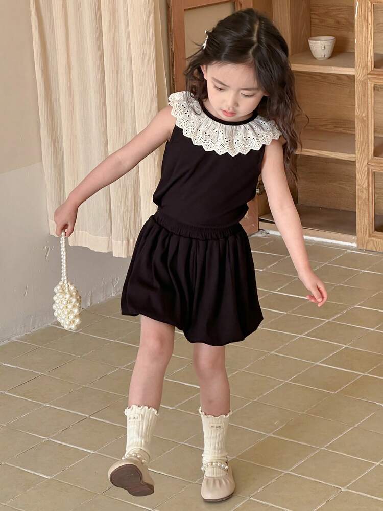 2pcs/Set Young Girl Simple & Chic Casual Daily Sleeveless Top And Skirt Set,Girls Summer Outfits