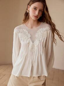 MOTF CONTRAST LACE LANTERN SLEEVE BLOUSE,SPRING/SUMMER