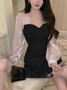 DAZY Women's Color Block Casual Elegant Korean Style Long Sleeve Midi Dress