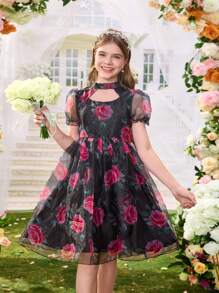 SHEIN 1 Pc Tween Girls' Pink Large Floral Print Organza Fabric Puff ...