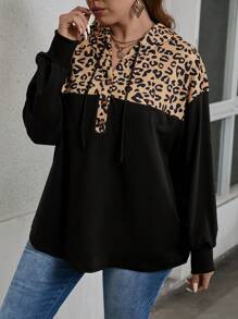 EMERY ROSE 女士加大码黑色拼接豹纹开襟休闲连帽卫衣，适合户外、通勤和日常穿着，秋冬季套头卫衣 - 彩色 - 查看 3