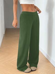 SHEIN EZwear Women Knit Pants, Casual Plain Solid Color, Minimalist Fashion For Everyday Wear - Army Green - View 5