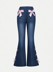 SHEIN Juego de 2 piezas: Pantalón campana de efecto denim con lazo elegante + Camiseta de manga corta ajustada con encaje para adolescentes, lazo rosa