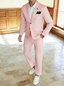 Manfinity Bizformal 男士商务派对INS套装，浅粉色西装套装，黑色衣领，精致的雄鹰标志刺绣设计。这款西装套装非常适合新年庆典、婚礼、情人节以及日常周年纪念等场合。黑色衣领增添一丝精致，而精致的标志刺绣则展现出独特的风格。这款西装让穿着者在各种场合都能展现自信魅力。男士两件套西装，粉色西装套装 - 粉色 - 查看 2