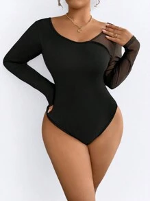 Calvaya Plus Size Women's Long Sleeve Mesh Patchwork Bodysuit, Slim Fit, Versatile Layering Top