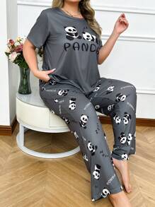 2 Pcs Cute Panda Print Plus Size Pajama Set - Multicolor - View 1