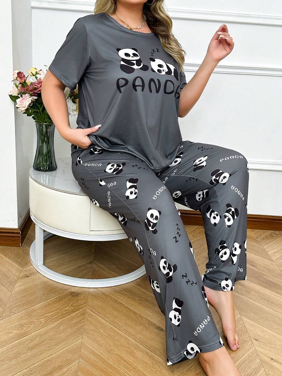 2 Pcs Cute Panda Print Plus Size Pajama Set - Multicolor - View 1