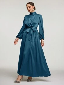 Veilorie 女士纯色立领灯笼袖优雅阿拉伯朴素长袖连衣裙长款晚礼服 - 水鴨藍 - 查看 4