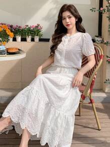 DAZY 女士两件套：镂空刺绣圆领泡泡袖上衣和半身裙 - 白色 - 查看 6