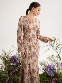 Graceveil Vestido abaya floral de flujo modesto y extra largo con estampado de teñido anudado para mujer