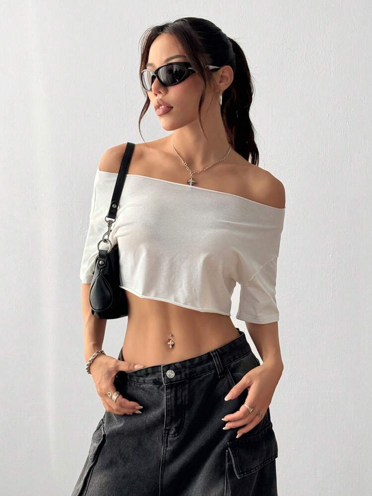 FavEase 女士白色不对称领口短款上衣，超大街头风磨边 Y2K 时尚别致短袖 T 恤，适合春夏季 - 白色 - 查看 6