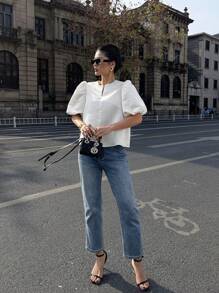 INAWLY 休闲泡泡袖衬衫，纯色