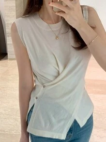 DAZY Áo len dệt kim không tay cổ tròn bất đối xứng màu trơn cho nữ, màu mơ, xuân/hè - Màu be - Xem 7