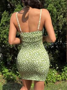 SHEIN EZwear Women's Floral Allover Print Slim Fit Casual Mini Dress With Spaghetti Straps,Sage Green Dress