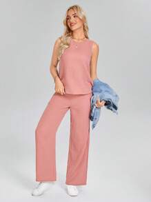 SHEIN LUNE Women Crew Neck Sleeveless Textured Camisole Top + Elastic Waist Double Pocket Casual Pants,Two Pieces Summer Set - Dusty Pink - View 4