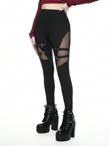 ROMWE Grunge Punk PUNK Style Mesh Patchwork Eyelet Strap Mid-Waist Leggings - Black - View 8
