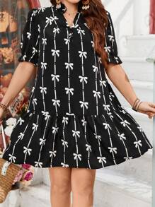 SHEIN LUNE Vestido de talla grande con escote en V, estampado floral y patchwork, casual y de moda para uso diario - Negro - Ver 4