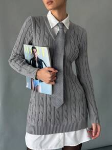 SHEIN Essnce 秋季女士毛衣连衣裙灰色Miumiu风格通勤装，二合一毛衣连衣裙日常休闲通勤修身短款长袖连衣裙，职场装，秋季女装，圣诞节女装，情人节迷你修身显瘦连衣裙 - 灰色 - 查看 4