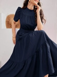 Seusyu 女士休闲纯色泡泡袖阿拉伯风格连衣裙 - 藏蓝色 - 查看 8