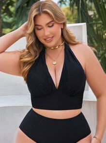 Swim Lushoire 适合夏季度假的加大码可调节比基尼上衣 - 黑色 - 查看 4